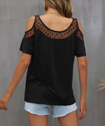 Trendsi Cold Shoulder Mesh Polka Dot Top