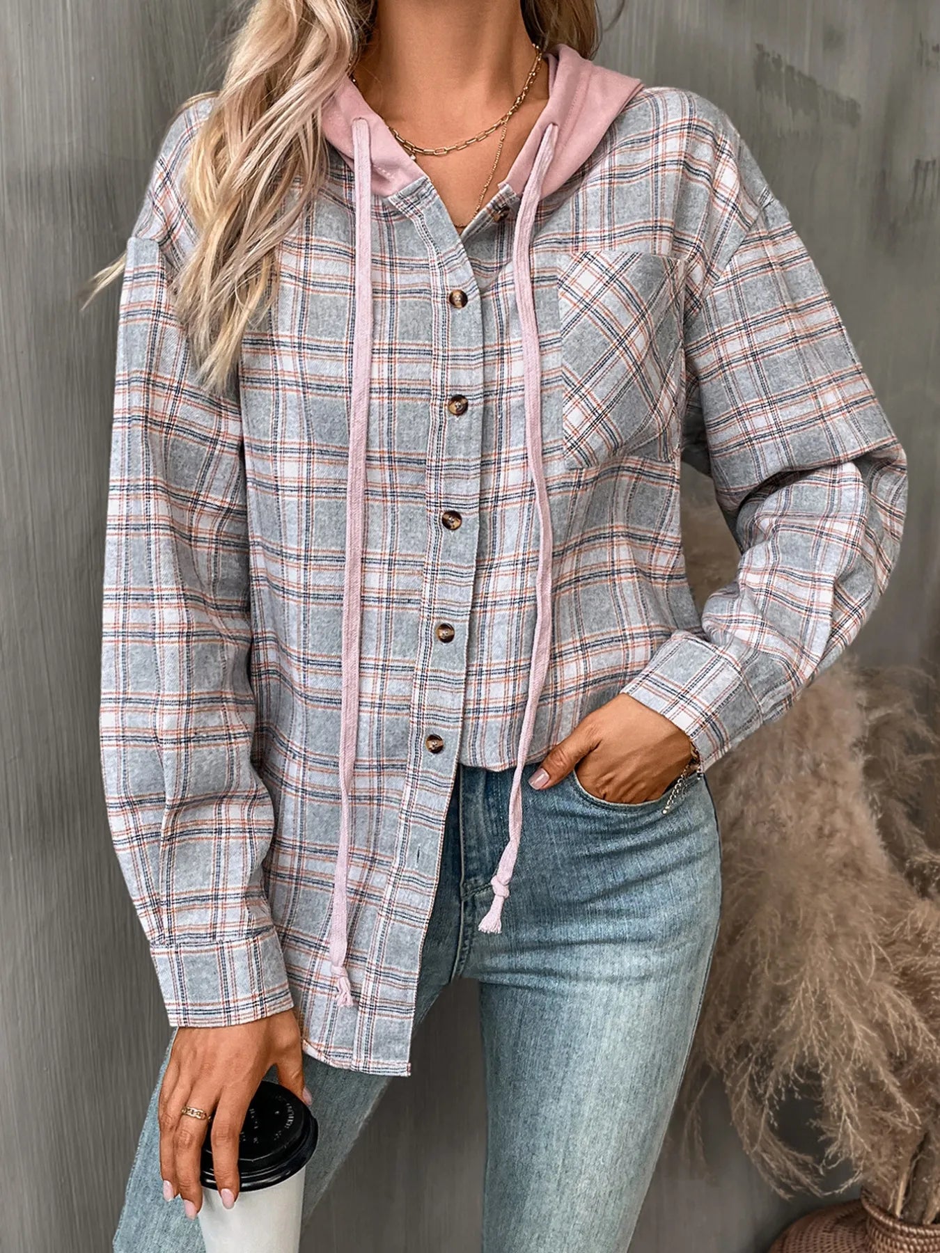 Trendsi Plaid Button-Up Hooded Shirt