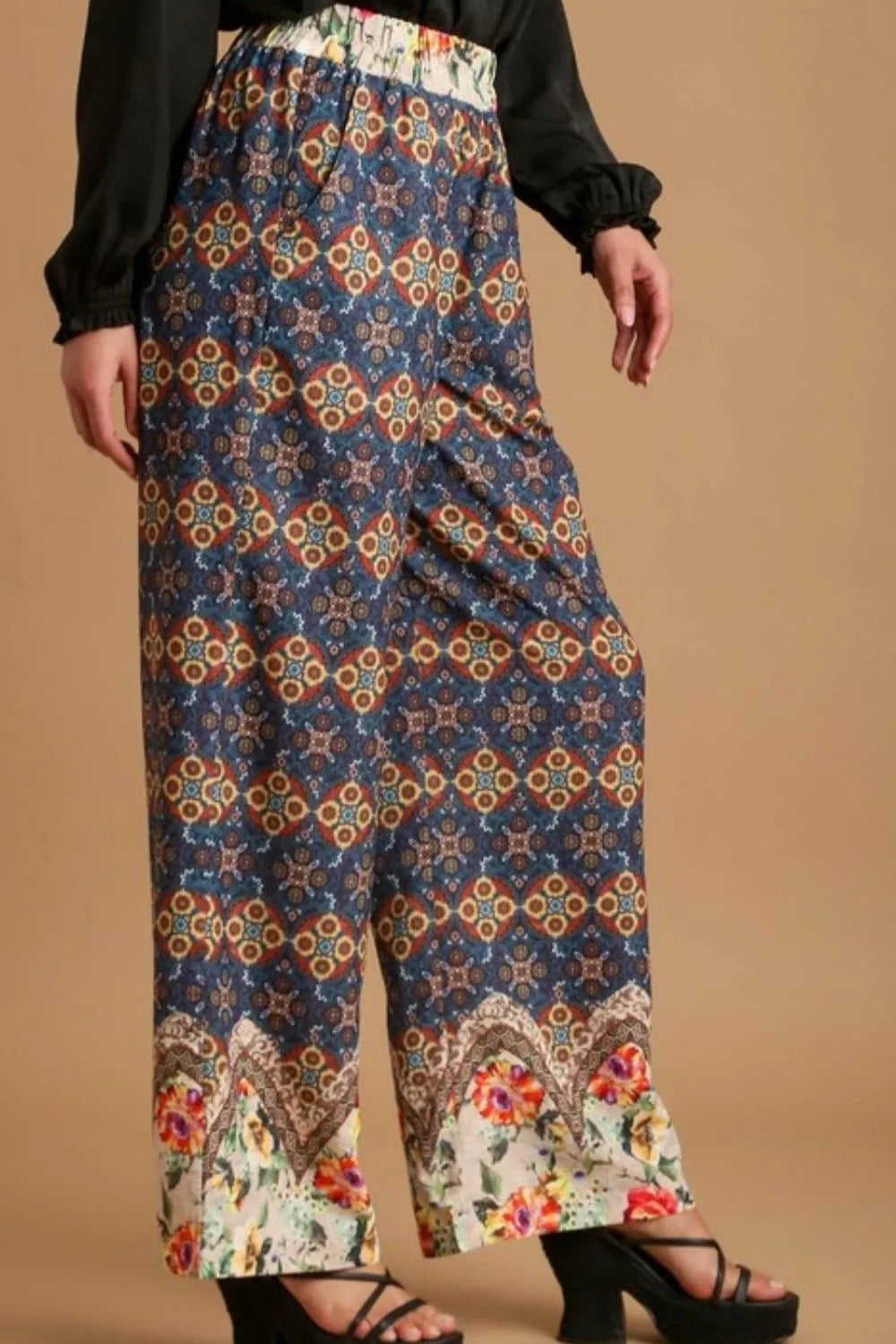 Umgee Full Size Mixed Print Elastic Waistband Pants Plus Size Easy Apparels