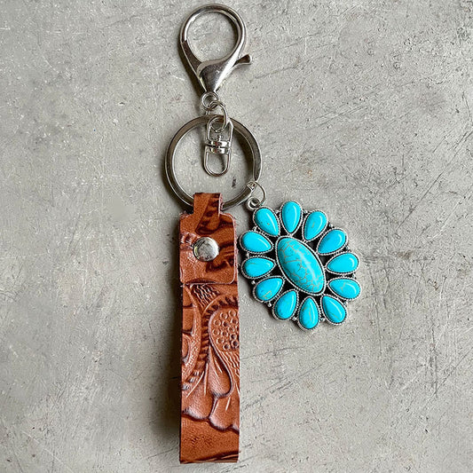 Turquoise Genuine Leather Key Chain Style D One Size Easy Apparels