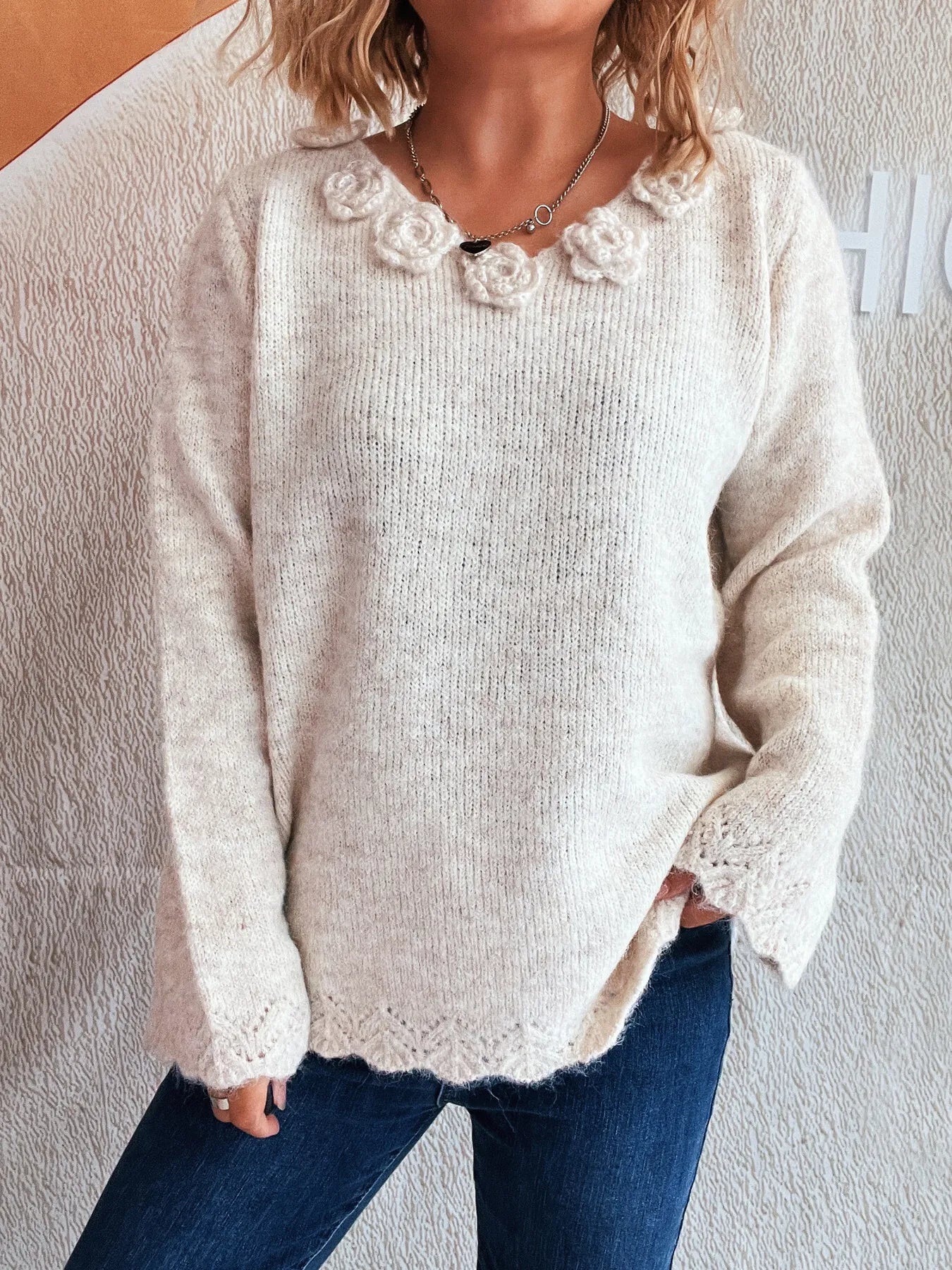 Trendsi Flower V-Neck Long Sleeve Sweater