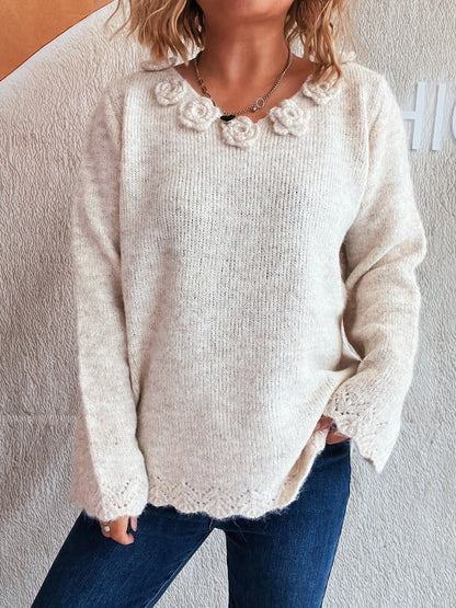 Trendsi Flower V-Neck Long Sleeve Sweater