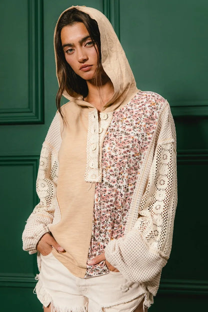 Trendsi BiBi Slub Jersey with Lace Combo Buttoned Hoodie Top