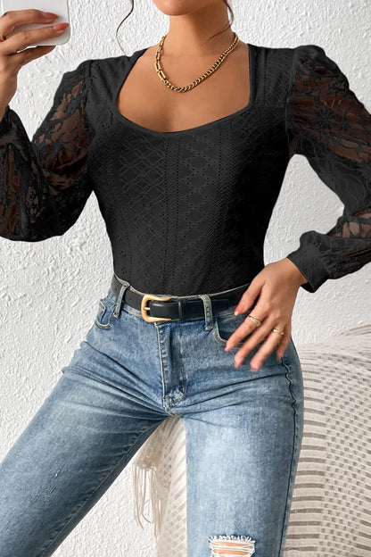 Trendsi Eyelet Lace Long Sleeve Bodysuit
