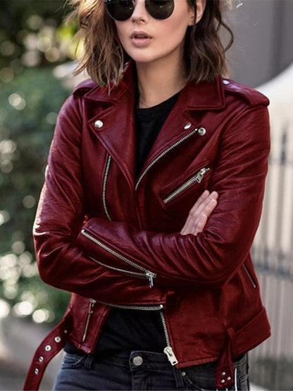 Full Size Zip Up Leather Motorcycle Biker Jacket Plus Size Easy Apparels