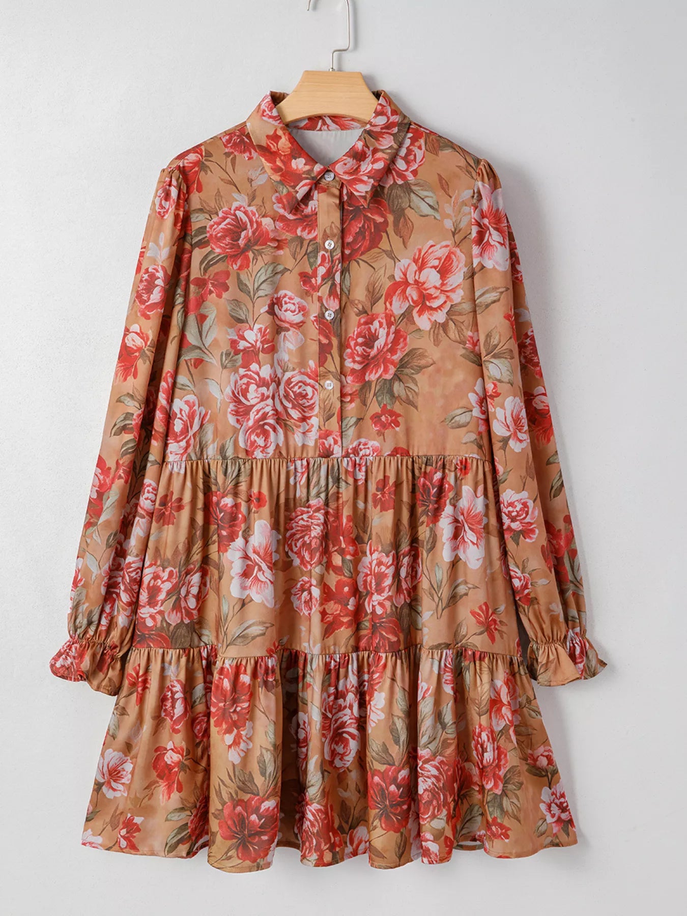 Floral Print Half Button Flounce Sleeve Ruffle Mini Dress Floral Easy Apparels