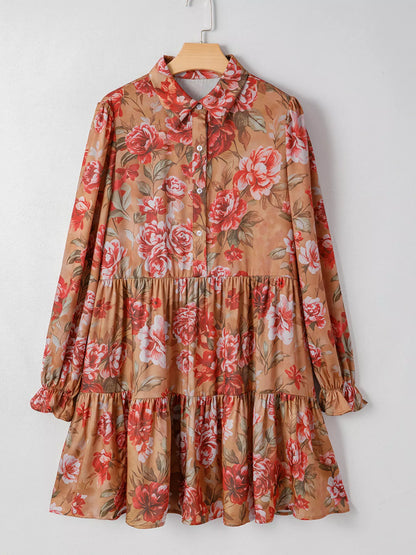 Floral Print Half Button Flounce Sleeve Ruffle Mini Dress Floral Easy Apparels