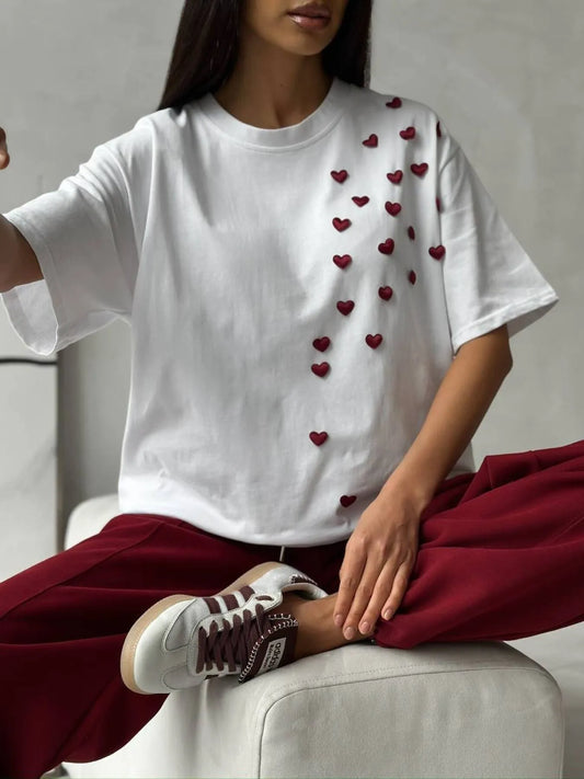 Trendsi Plus Size Heart Round Neck Short Sleeve T-Shirt White