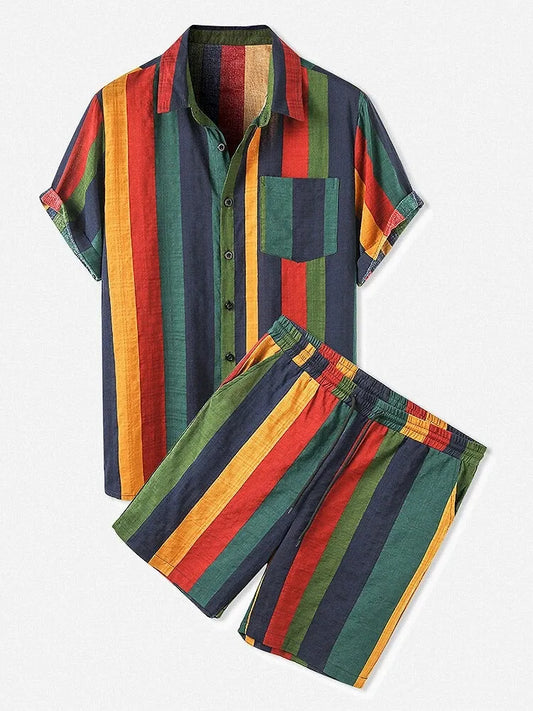 Men's Full Size Striped Button Up Shirt and Shorts Set Plus Size Red Stripe Easy Apparels