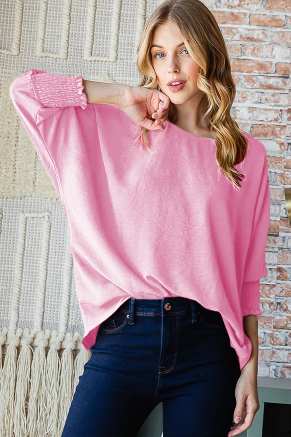 Trendsi Reborn J Texture Round Neck Smocked Half Sleeve Top