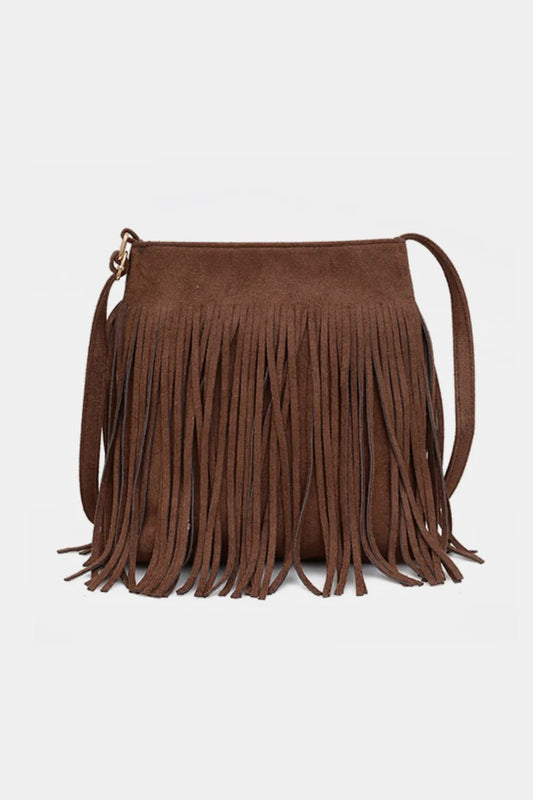 Suede Fringe Shoulder Bag Brown One Size Easy Apparels
