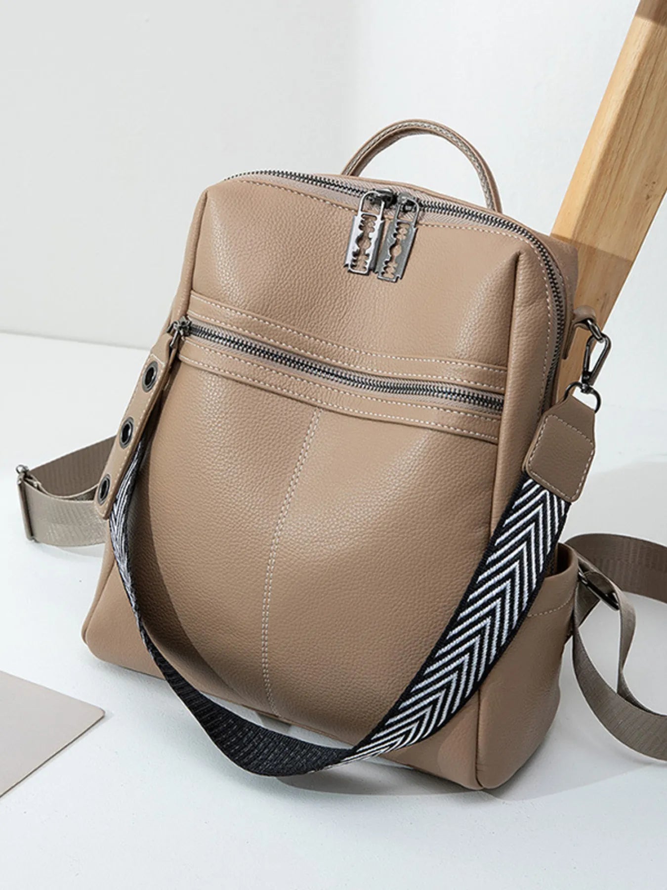 Leather Multi-Compartment Backpack Bag Khaki One Size Easy Apparels