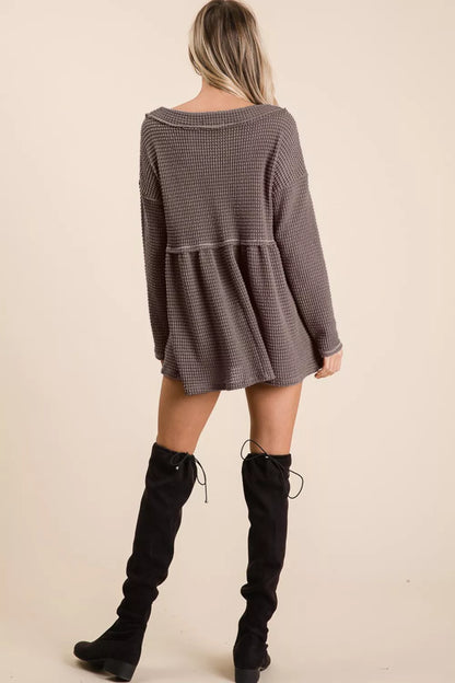 Trendsi BiBi Waffle Knit V-Neck Babydoll Blouse