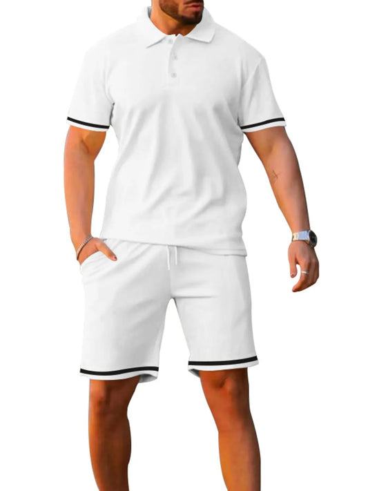 Men's Full Size Contrast Trim Polo and Shorts Set Plus Size White Easy Apparels