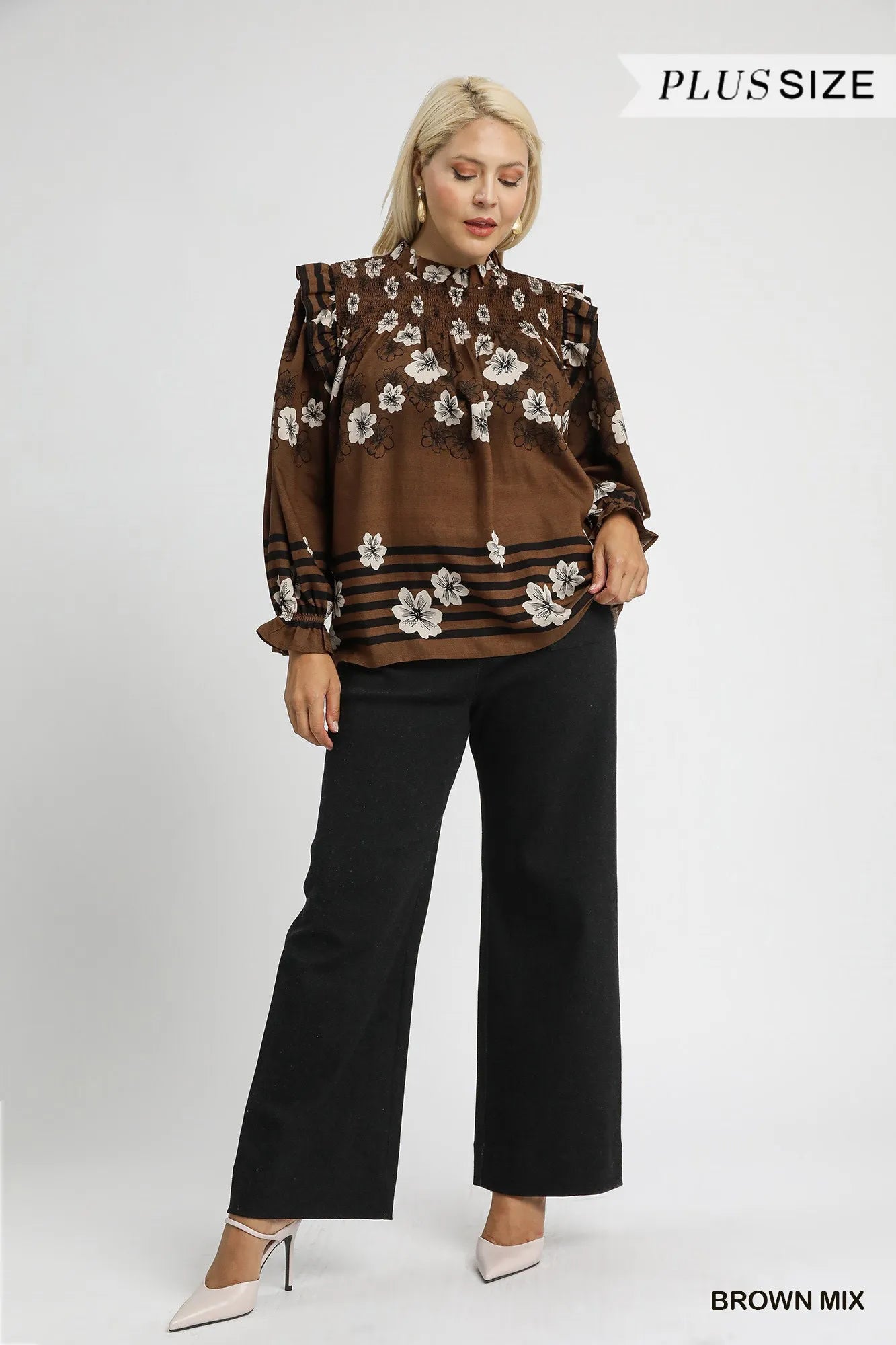 Trendsi Umgee Full Size Mix Floral Smocked Ruffle Blouse Plus Size