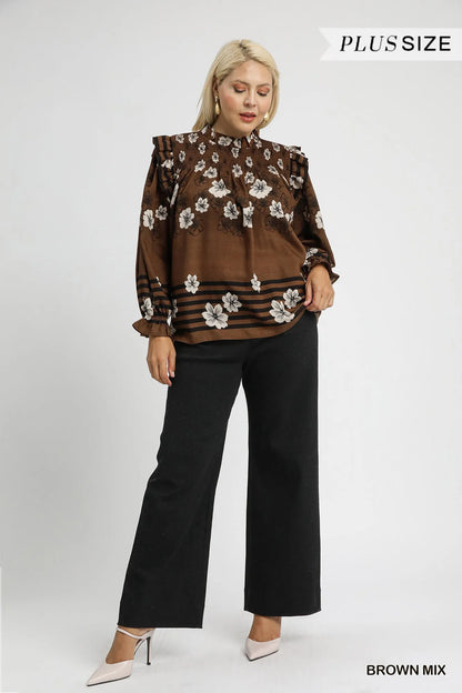 Trendsi Umgee Full Size Mix Floral Smocked Ruffle Blouse Plus Size