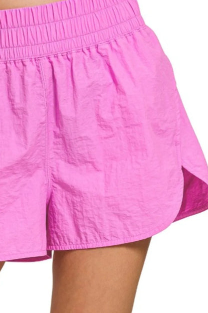 Zenana Windbreaker Smocked Waistband Running Shorts Easy Apparels