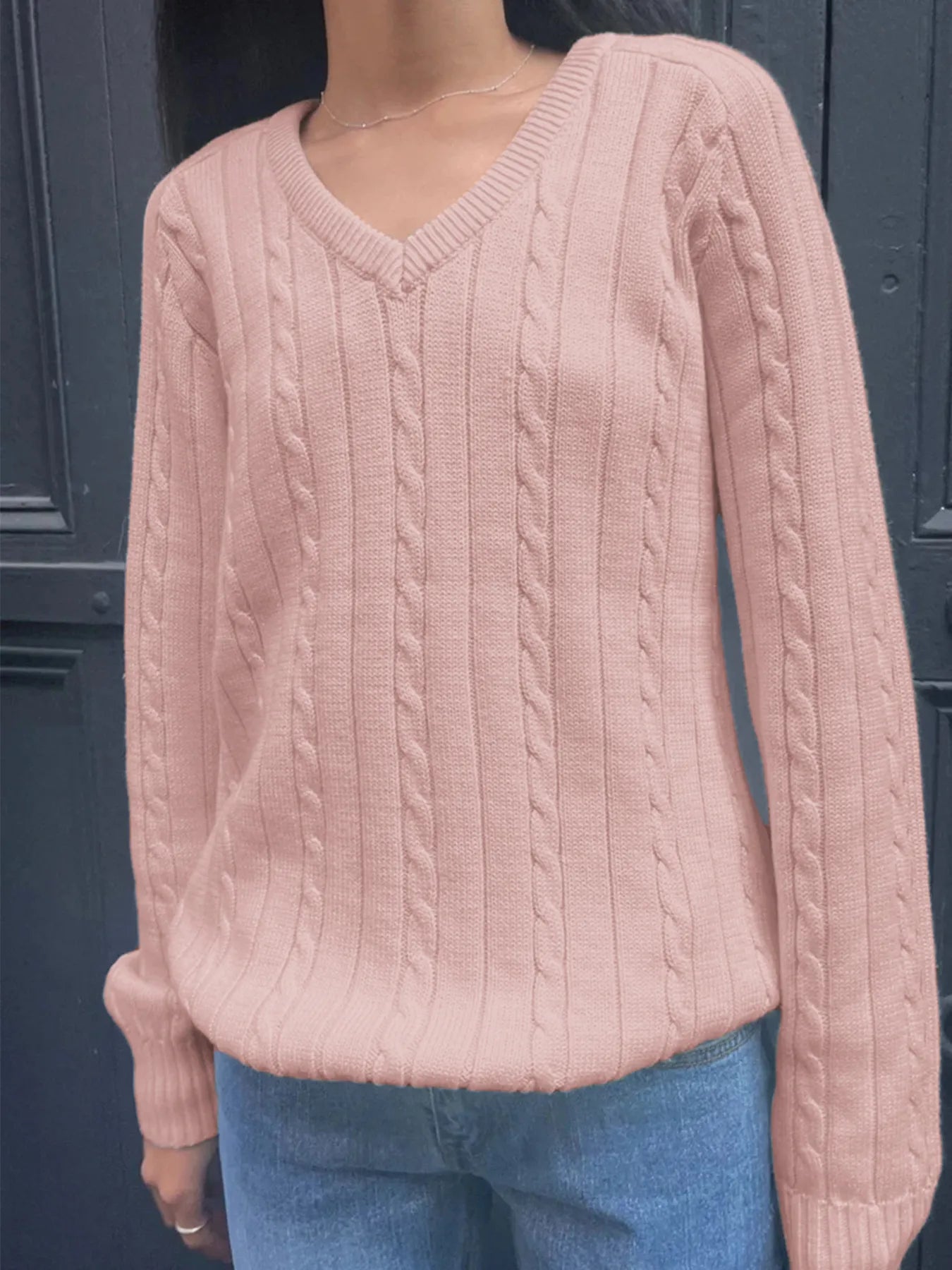 Trendsi Cable Knit V-Neck Pullover Sweater