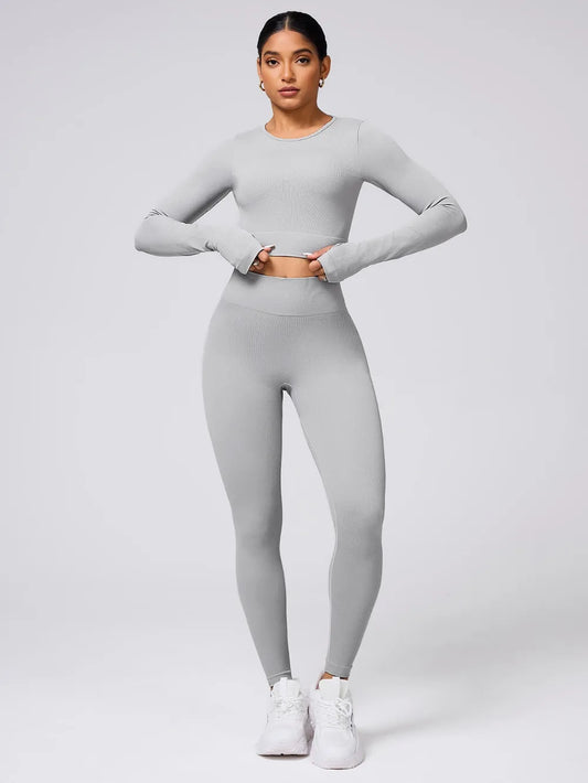 Back Crisscross Round Neck Long Sleeve Top and Leggings Active Set Light Gray Easy Apparels