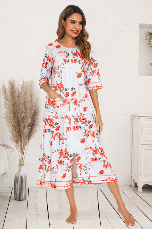 Printed Slit Night Dress with Pockets Burnt Coral Easy Apparels