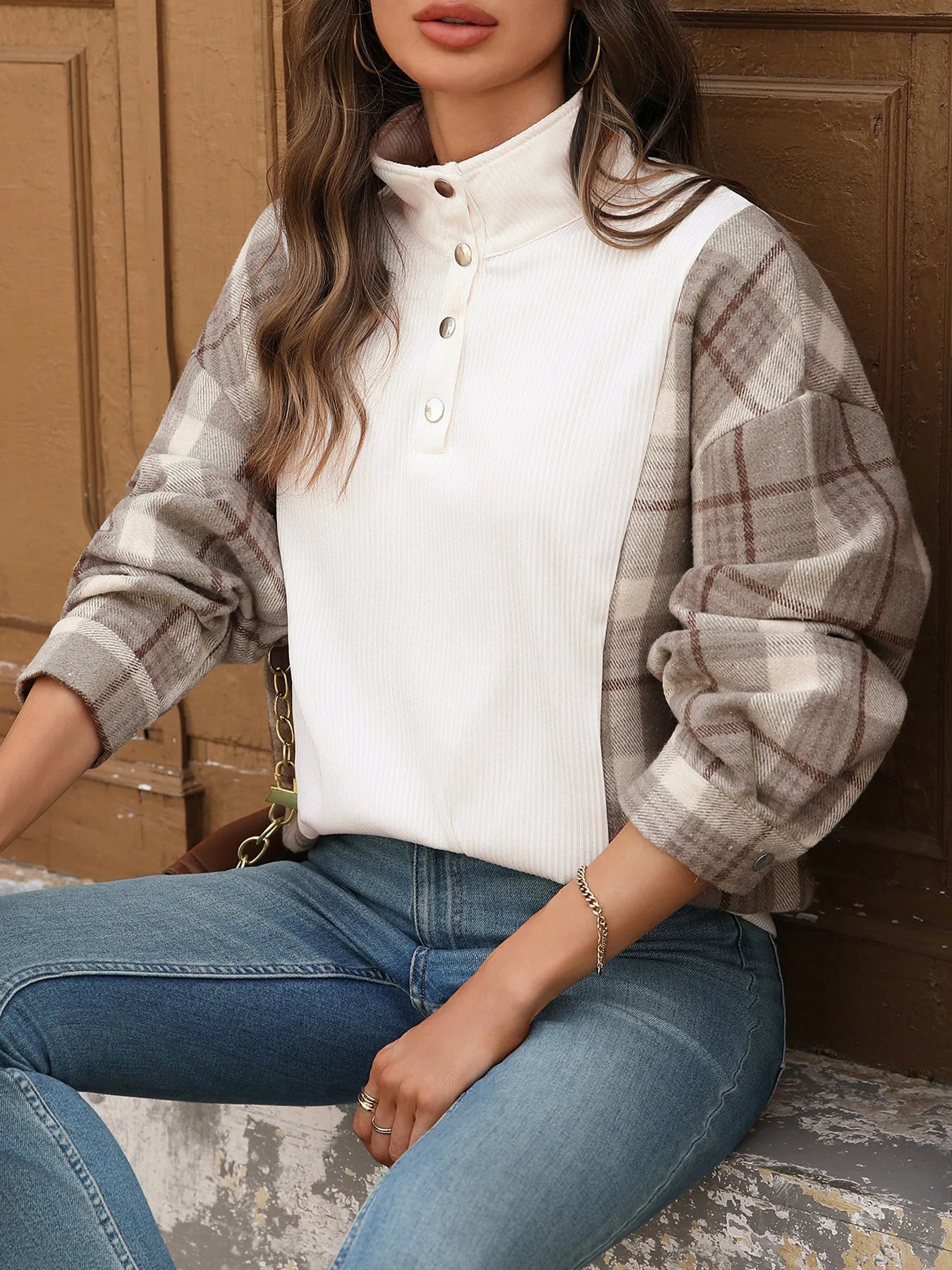 Trendsi Snap Down Plaid Long Sleeve Sweatshirt