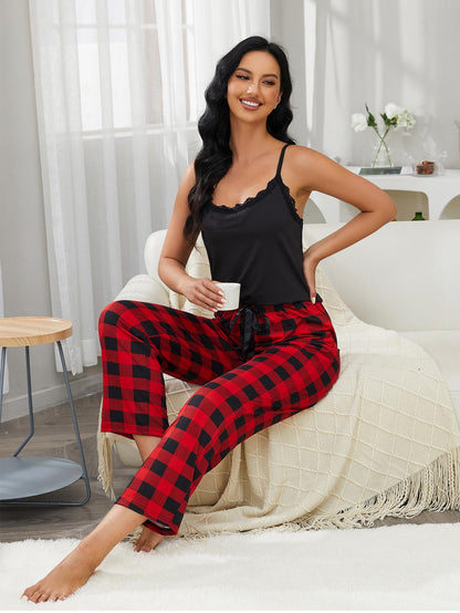 Lace Trim Cami and Plaid Pants Lounge Set Easy Apparels