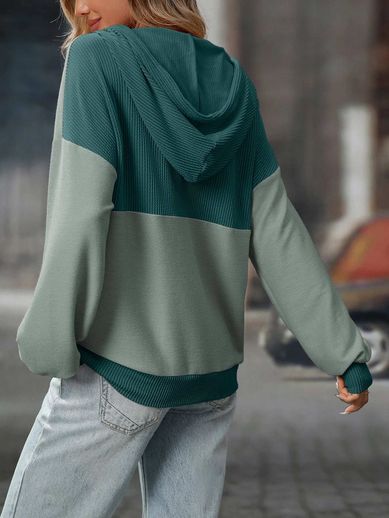 Trendsi Drawstring Button Detail Long Sleeve Hoodie