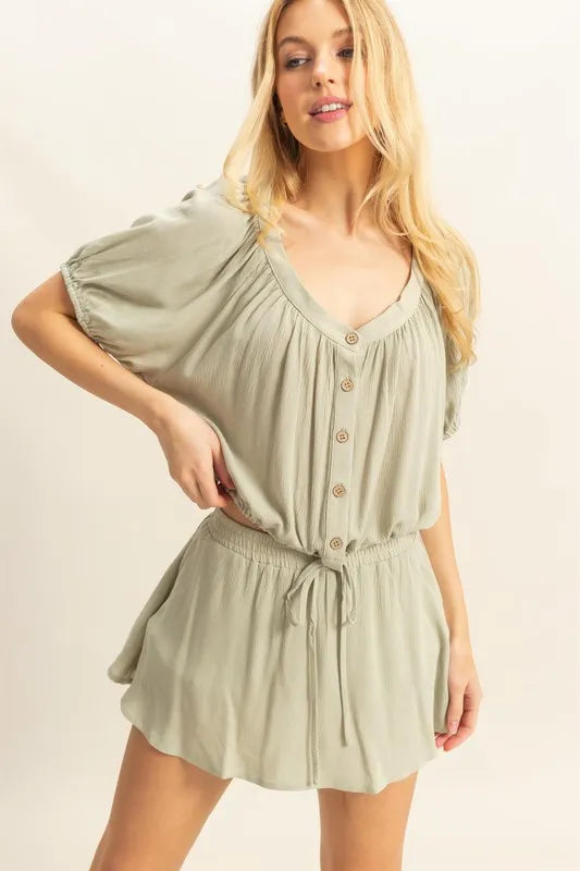 HYFVE Drawstring Hem Short Sleeve Top and Skort Set Sage Easy Apparels
