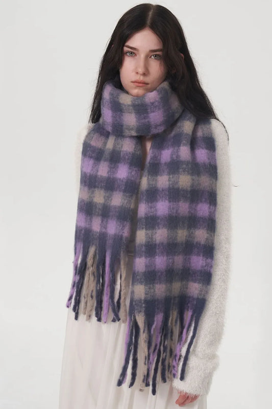 Fringe Plaid Polyester Scarf Lilac One Size Easy Apparels