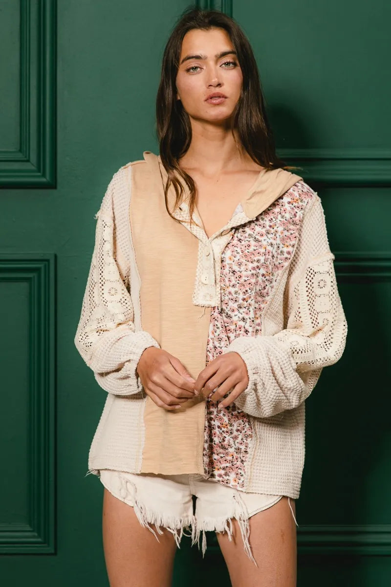 Trendsi BiBi Slub Jersey with Lace Combo Buttoned Hoodie Top