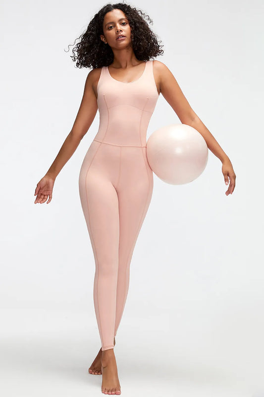 Crisscross Wide Strap Active Jumpsuit Blush Pink Easy Apparels