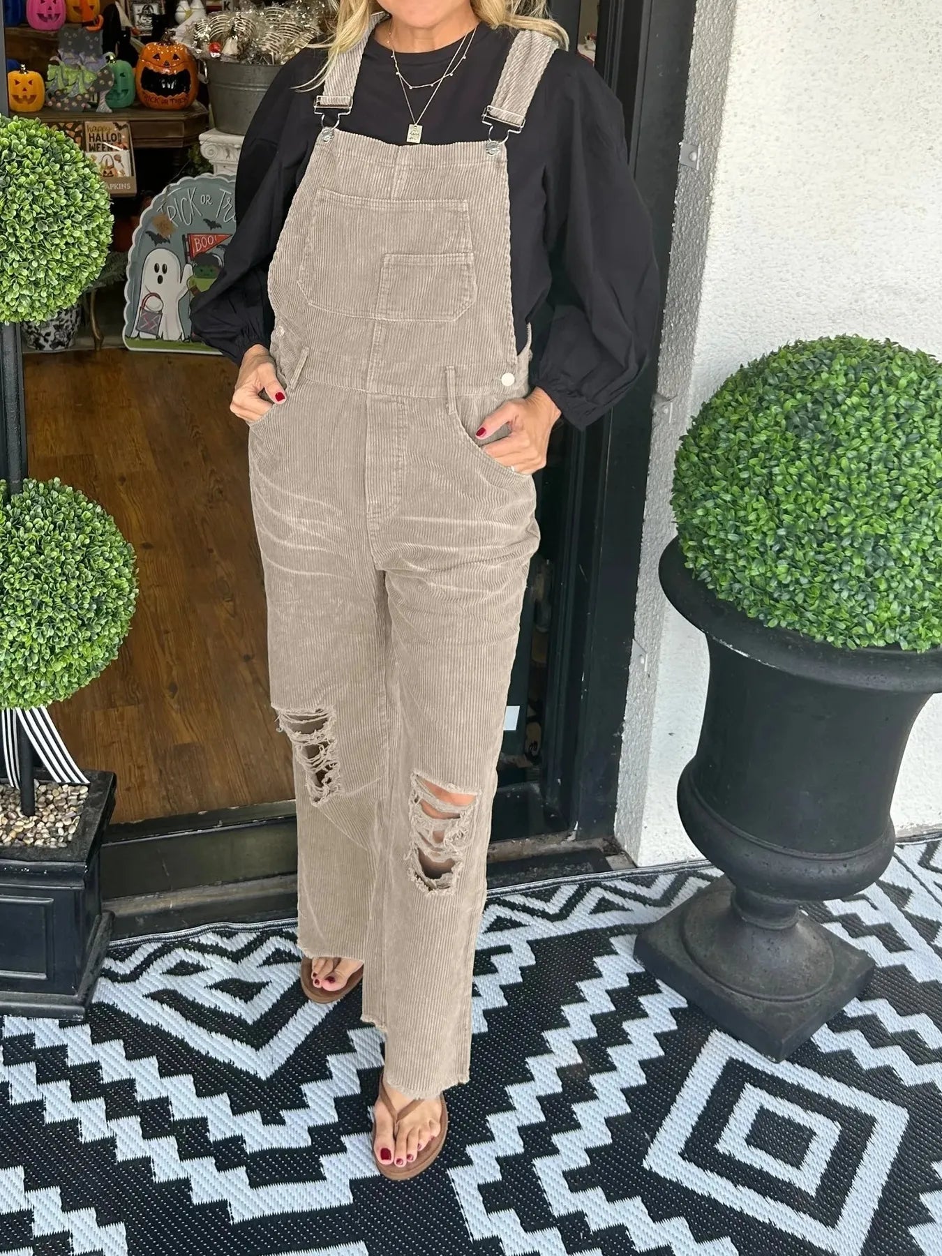 Distressed Wide Leg Corduroy Overalls Khaki Easy Apparels