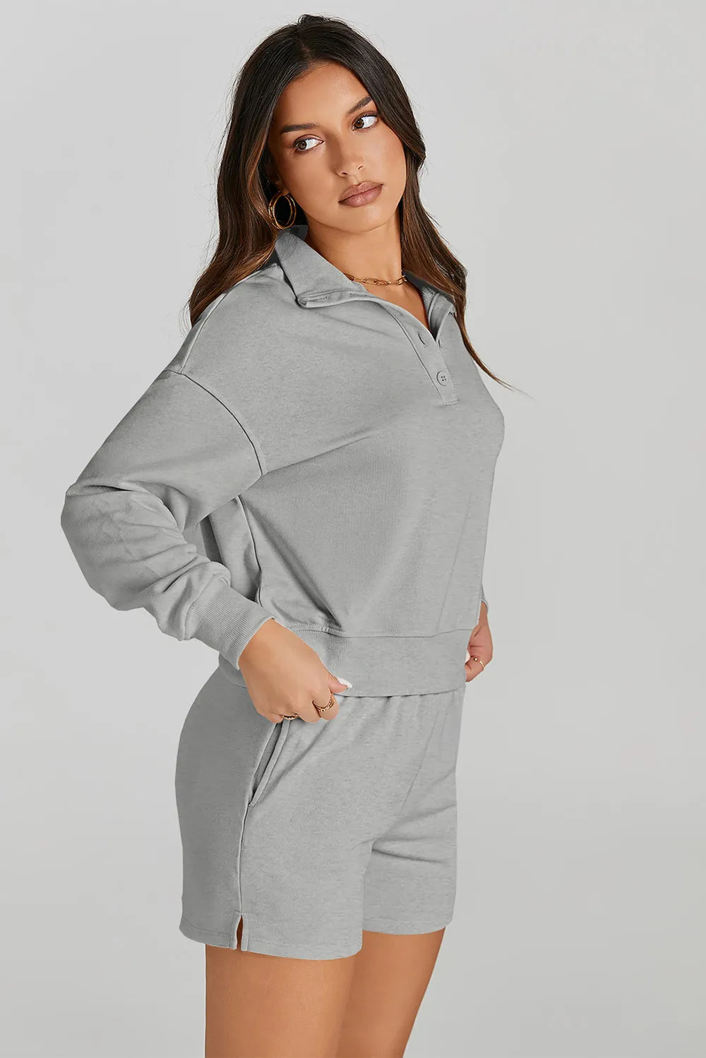 Half Button Sweatshirt and Shorts Active Set Easy Apparels