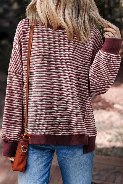 Trendsi Oversized Striped Round Neck Sweatshirt Burgundy