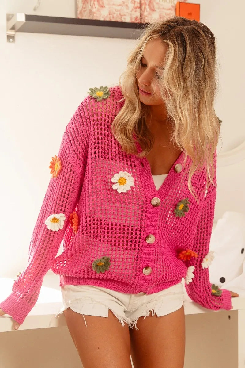 BiBi Flower Patches Open Knit Sweater Cardigan Easy Apparels