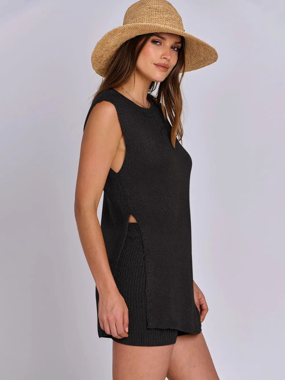 Side Slit Round Neck Tank and Ribbed Shorts Sweater Set Easy Apparels
