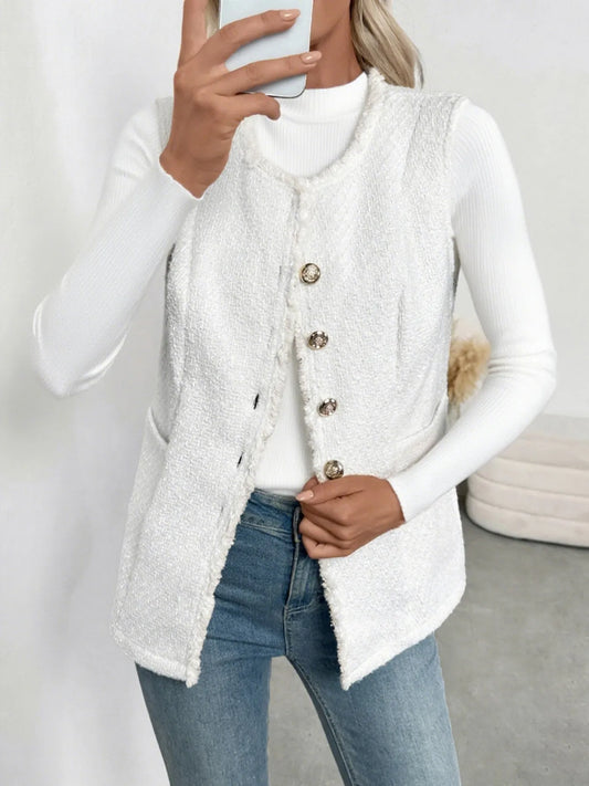 Textured Button-Front Vest with Raw Edge White Easy Apparels
