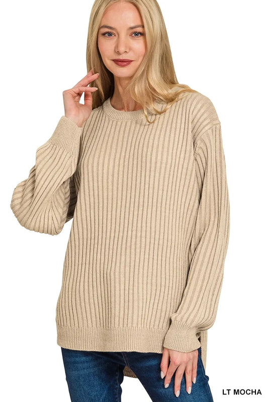 Trendsi Zenana Curved Hem Two-Tone Ribbed Sweater LT MOCHA