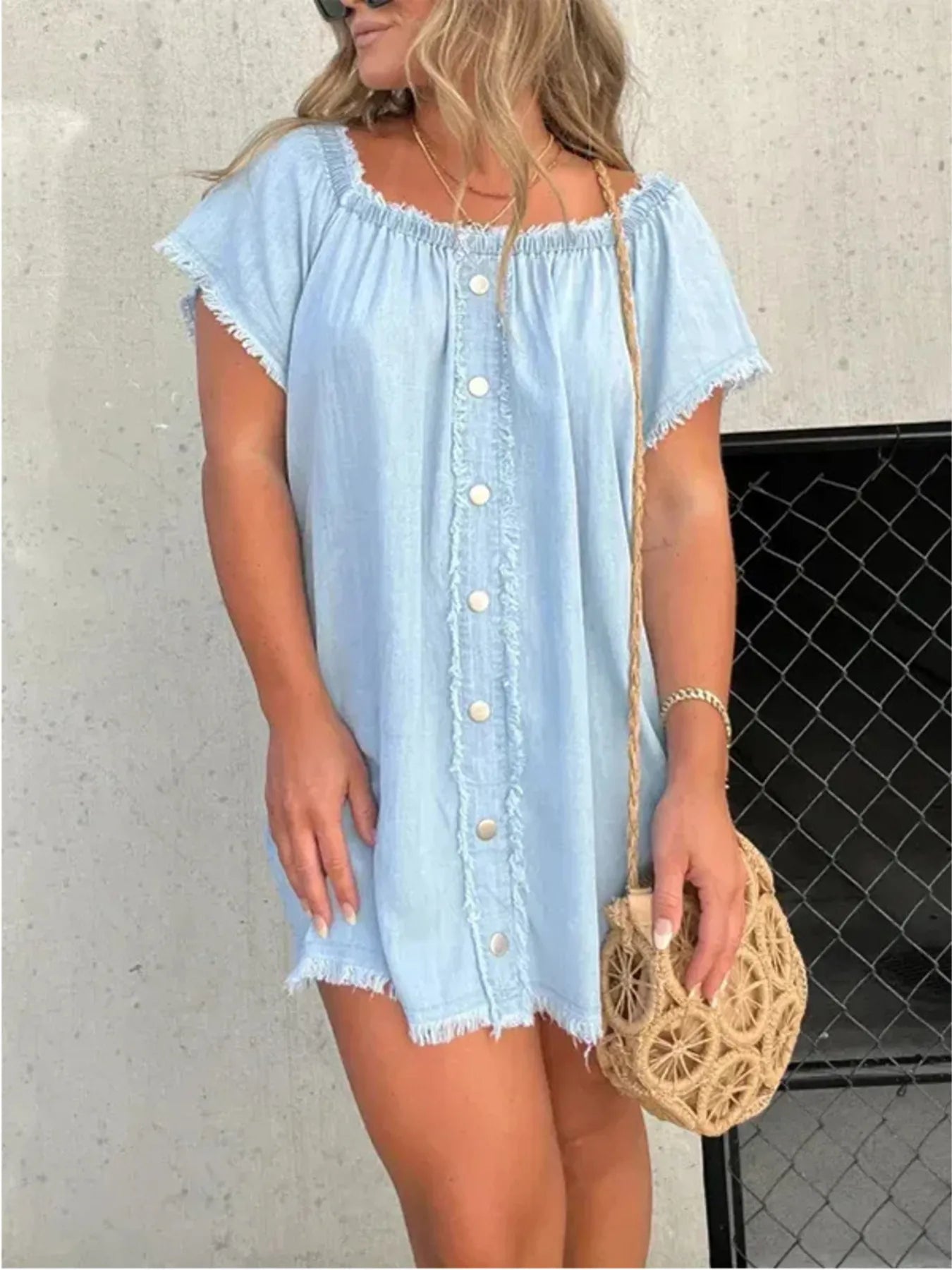 Full Size Raw Hem Mini Denim Dress Plus Size Easy Apparels