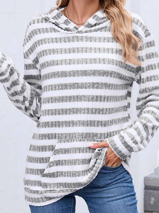 Trendsi Striped Ribbed Knit Hoodie with Kangaroo Pocket Light Gray