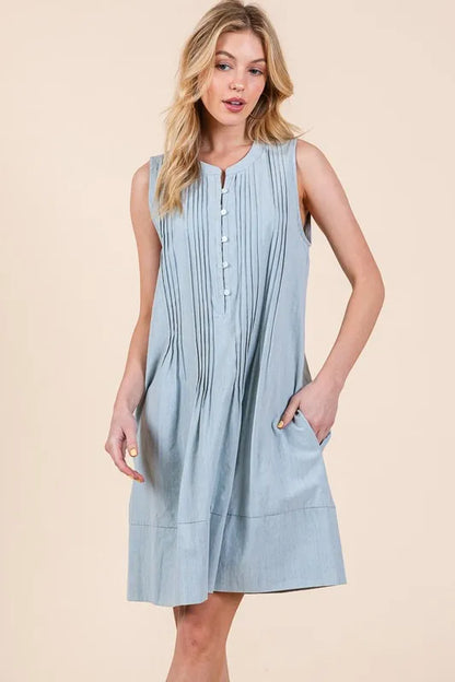 Lime 'N' Chili Denim Pintuck Detail Sleeveless Midi Dress Easy Apparels
