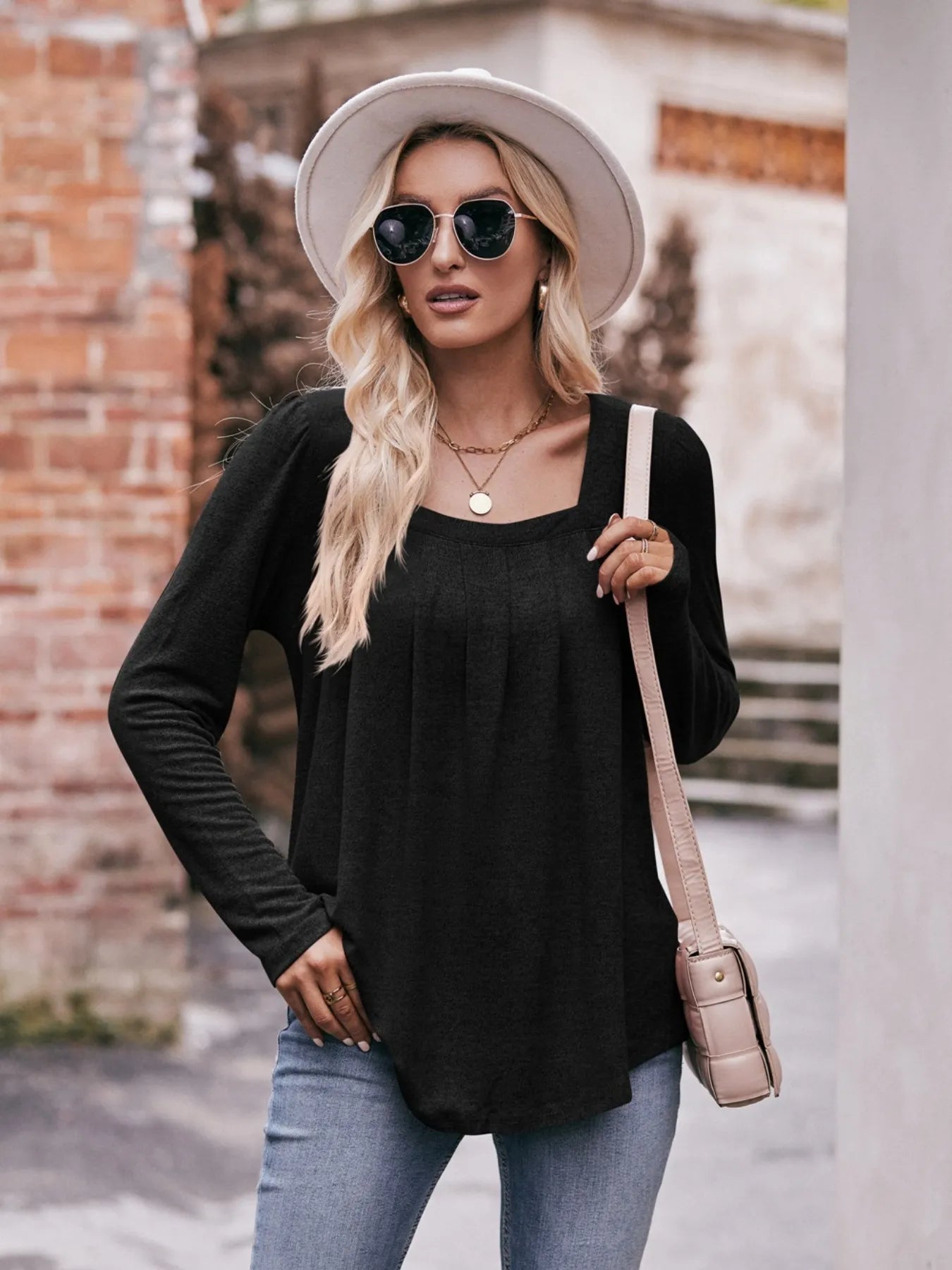 Trendsi Square Neck Long Sleeve T-Shirt Black