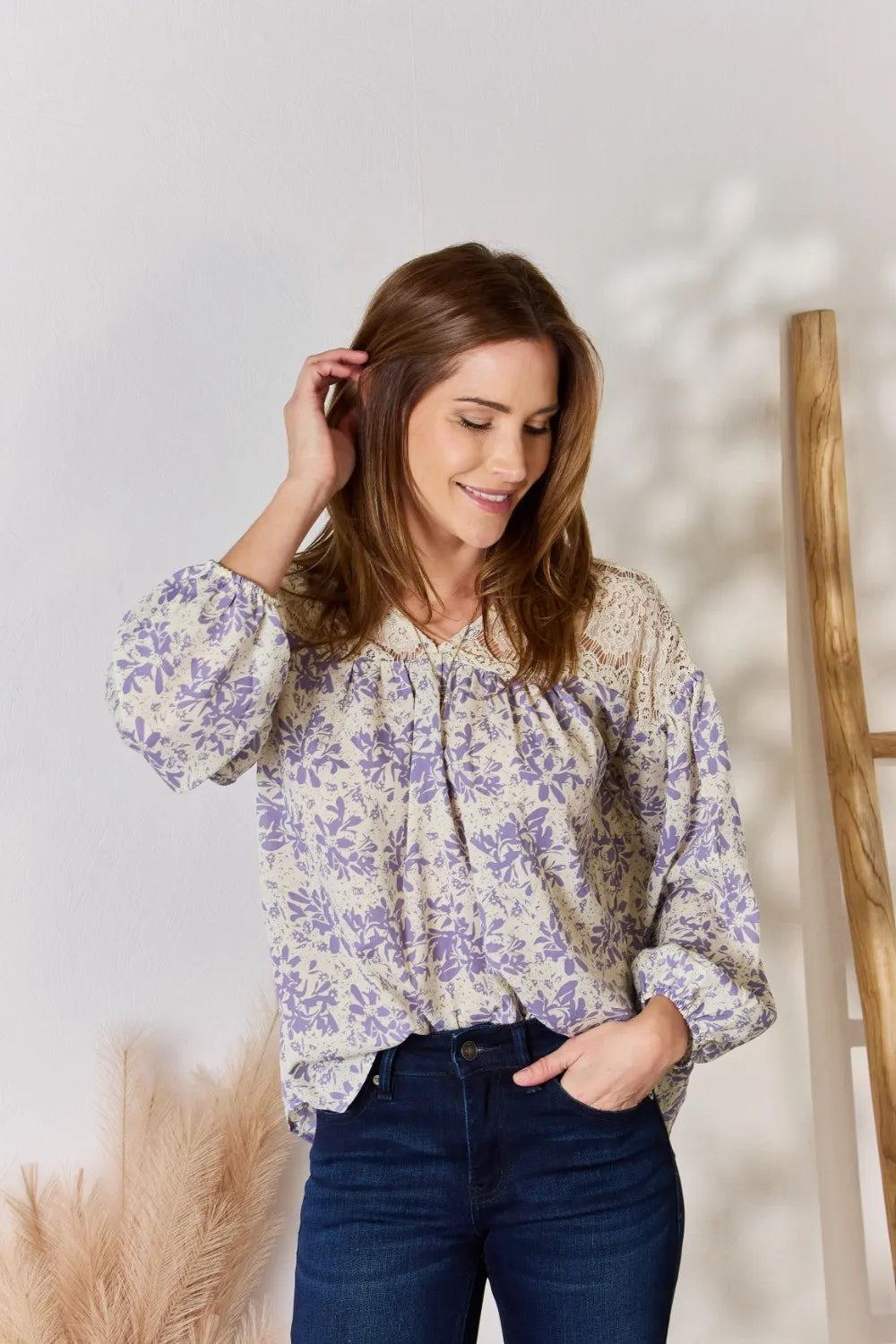 Trendsi Hailey & Co Full Size Lace Detail Printed Blouse