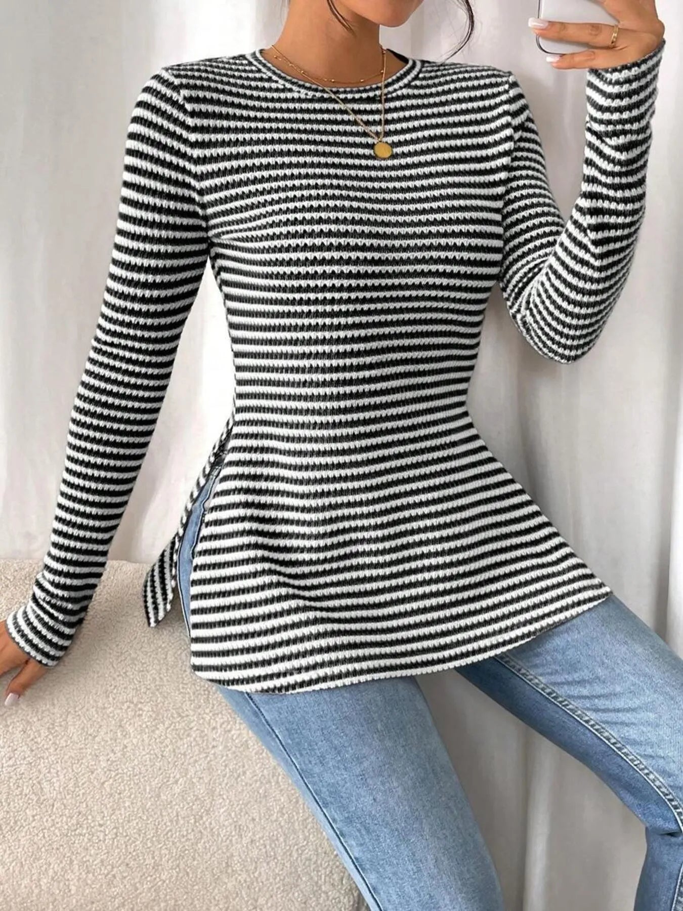 Trendsi Side Slit Striped Long Sleeve T-Shirt