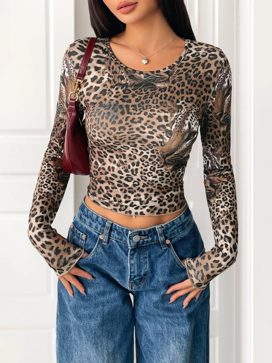 Trendsi Leopard Print Long Sleeve Fitted T-Shirt Coffee Brown