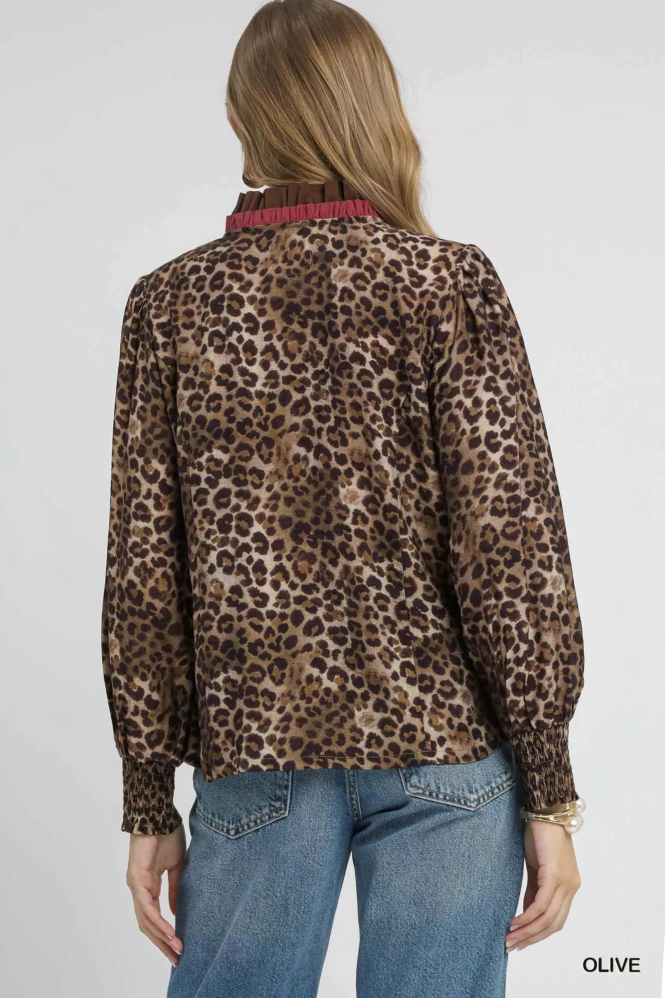 Umgee Ruffle Trim Leopard Print Shirt Easy Apparels