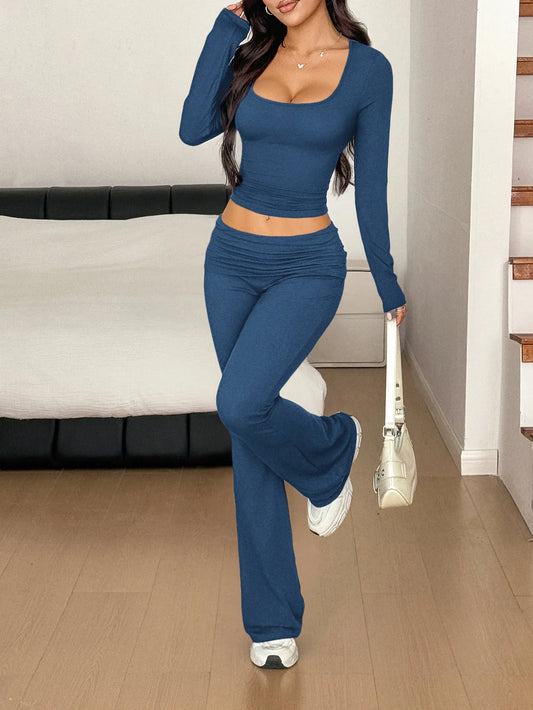 Long Sleeve Crop Top and Bootcut Pants Set Peacock Blue Easy Apparels