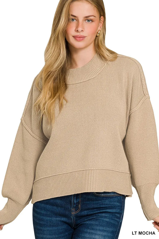 Trendsi Zenana Wide Neck Band Drop Shoulder Sweater LT MOCHA