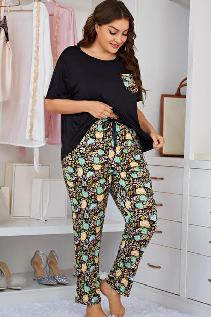 Plus Size Contrast Round Neck Tee and Floral Pants Lounge Set Easy Apparels