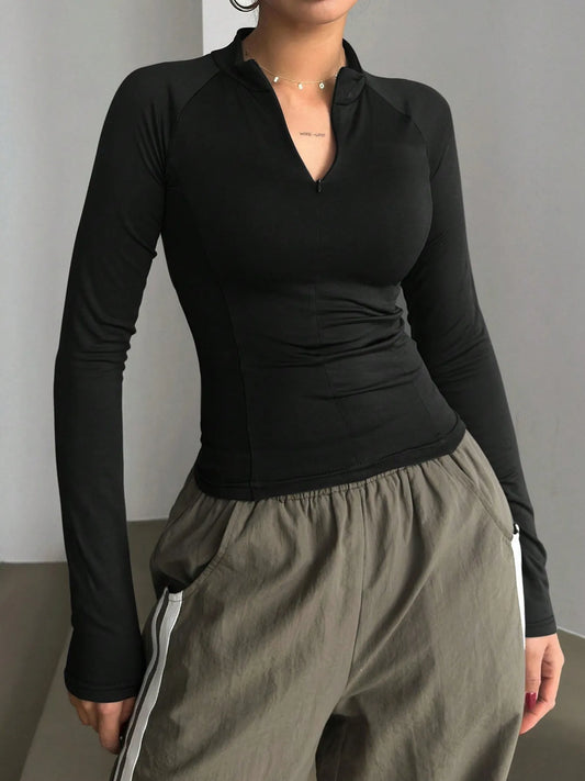 Trendsi Long Sleeve Zip Front Fitted T-Shirt